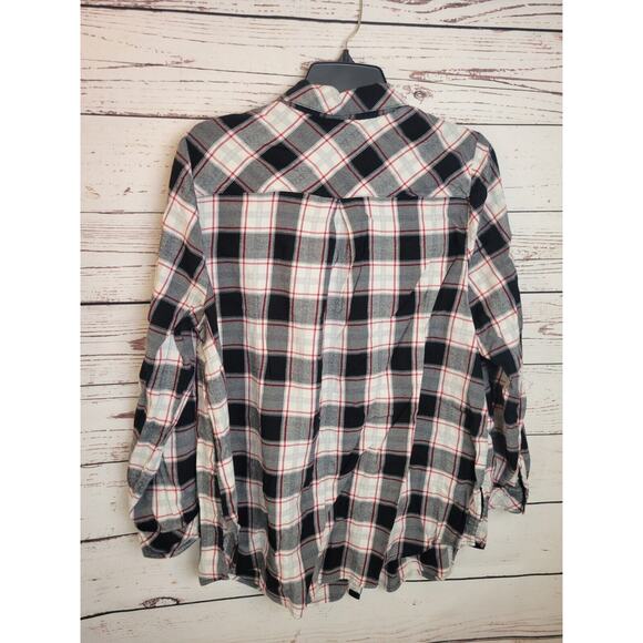 Catherines Black Plaid Roll Tab Sleeve Work Button Down Shirt Women's Size 0X - Picture 2 of 10